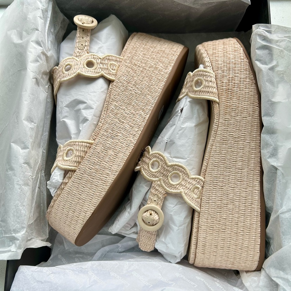 Larroudé Florence Broderie Flatform In Natural Raffia - Picture 3 of 6